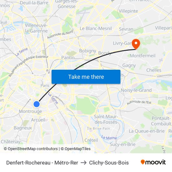 Denfert-Rochereau - Métro-Rer to Clichy-Sous-Bois map