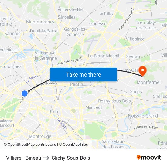 Villiers - Bineau to Clichy-Sous-Bois map