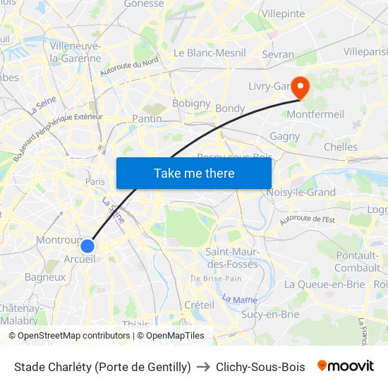 Stade Charléty (Porte de Gentilly) to Clichy-Sous-Bois map