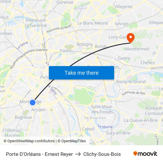 Porte D'Orléans - Ernest Reyer to Clichy-Sous-Bois map