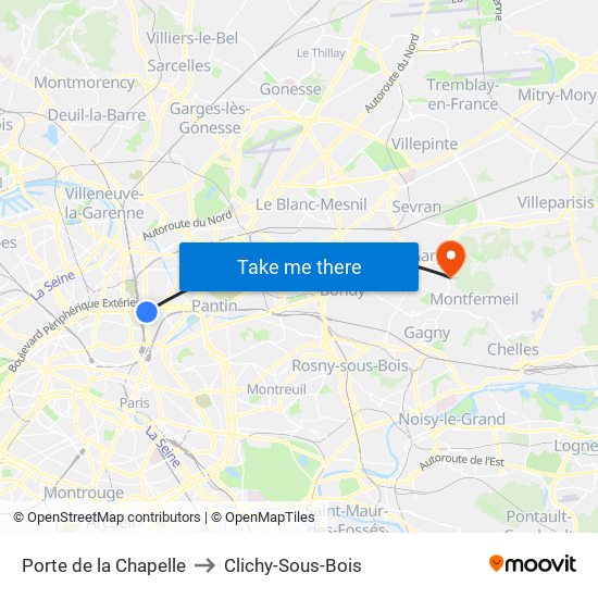 Porte de la Chapelle to Clichy-Sous-Bois map