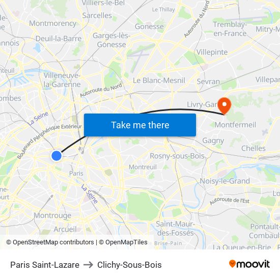 Paris Saint-Lazare to Clichy-Sous-Bois map