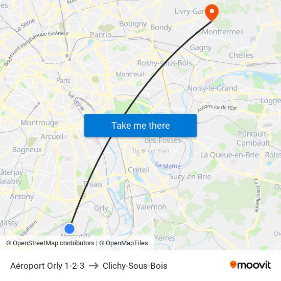 Aéroport Orly 1-2-3 to Clichy-Sous-Bois map