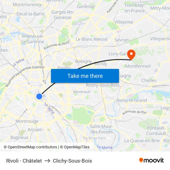 Rivoli - Châtelet to Clichy-Sous-Bois map