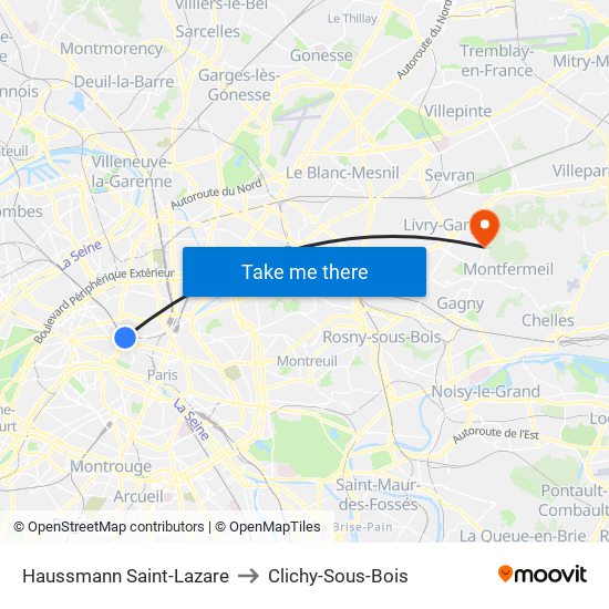 Haussmann Saint-Lazare to Clichy-Sous-Bois map