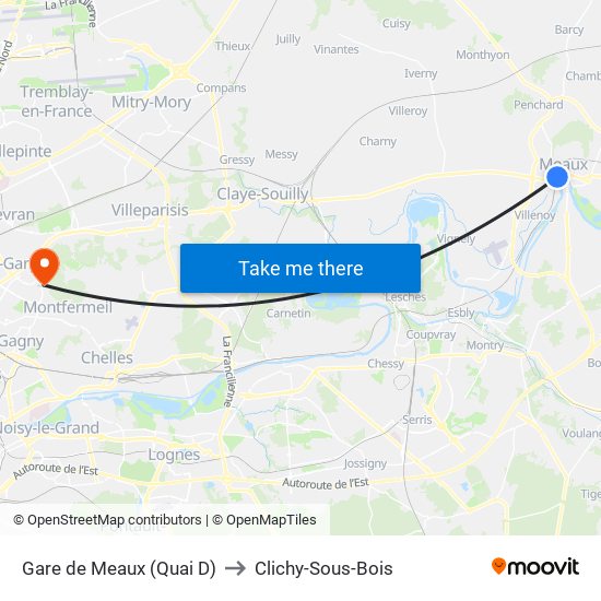 Gare de Meaux (Quai D) to Clichy-Sous-Bois map