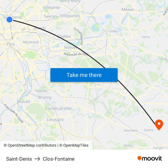 Saint-Denis to Clos-Fontaine map