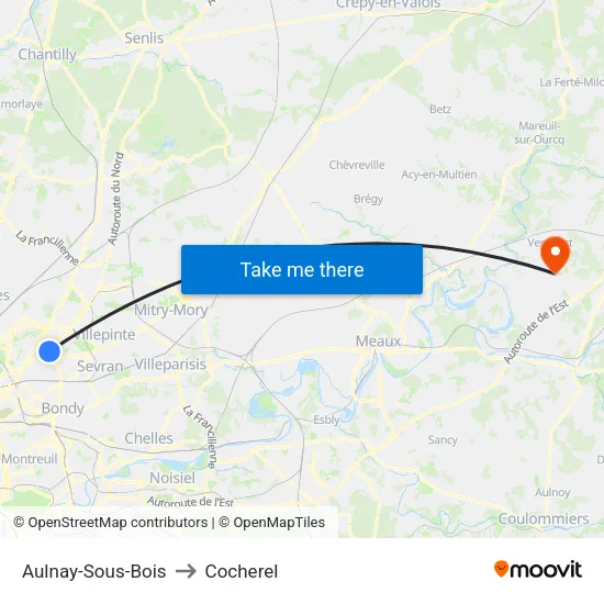 Aulnay-Sous-Bois to Cocherel map