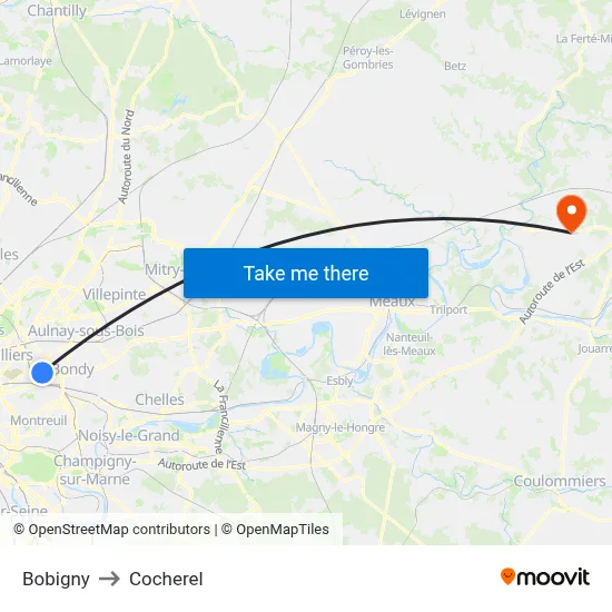 Bobigny to Cocherel map