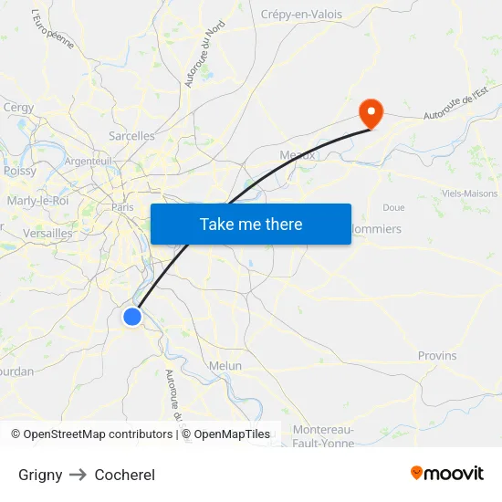 Grigny to Cocherel map