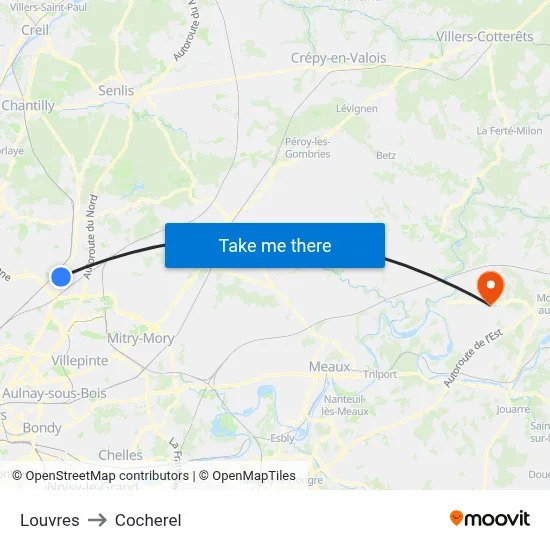 Louvres to Cocherel map