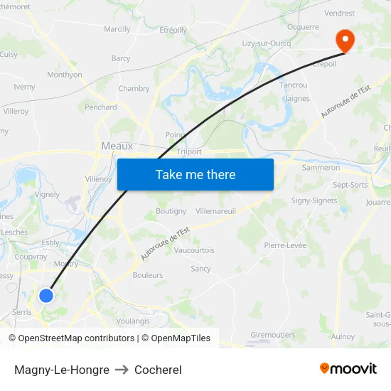 Magny-Le-Hongre to Cocherel map