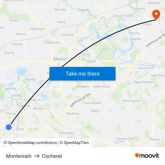 Montevrain to Cocherel map