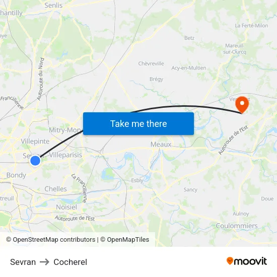 Sevran to Cocherel map