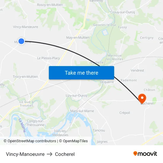 Vincy-Manoeuvre to Cocherel map