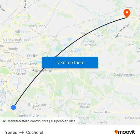 Yerres to Cocherel map