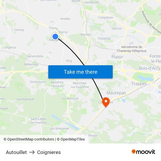 Autouillet to Coignieres map