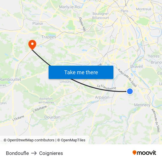 Bondoufle to Coignieres map