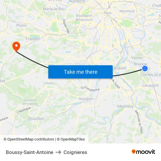 Boussy-Saint-Antoine to Coignieres map