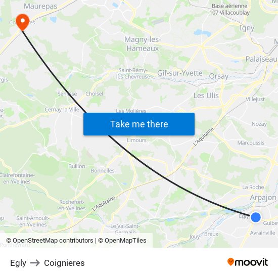 Egly to Coignieres map