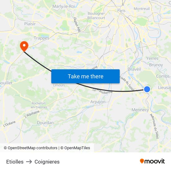 Etiolles to Coignieres map
