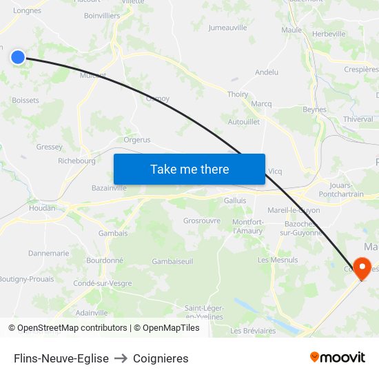 Flins-Neuve-Eglise to Coignieres map