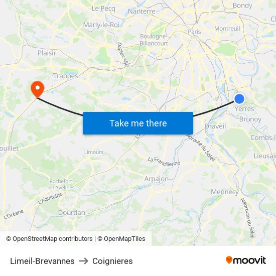 Limeil-Brevannes to Coignieres map