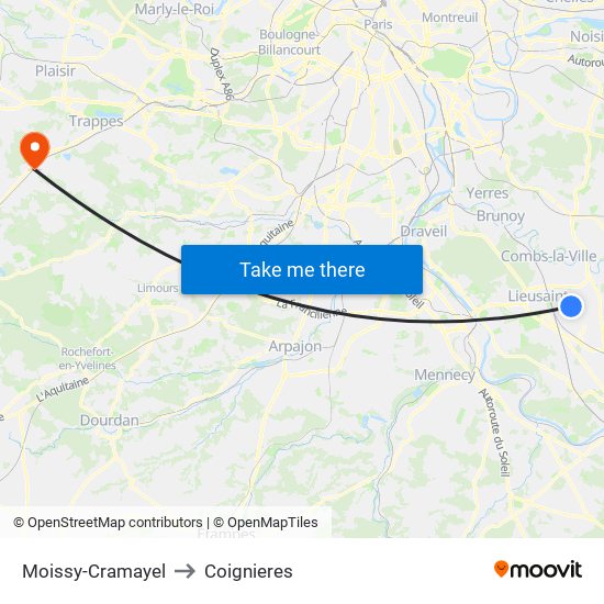 Moissy-Cramayel to Coignieres map