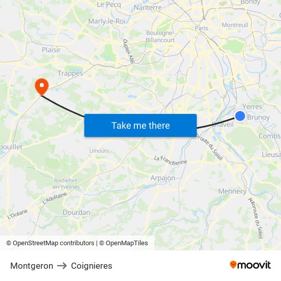 Montgeron to Coignieres map