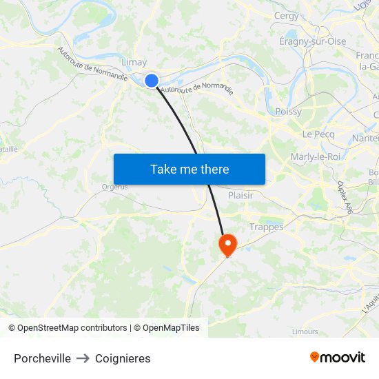 Porcheville to Coignieres map
