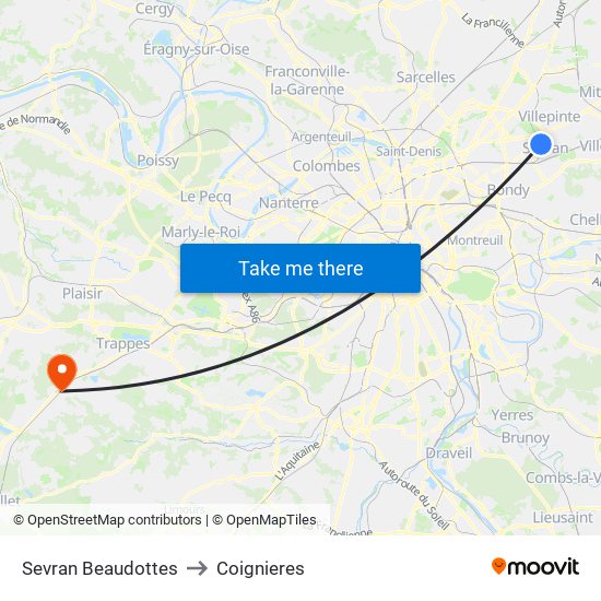 Sevran Beaudottes to Coignieres map