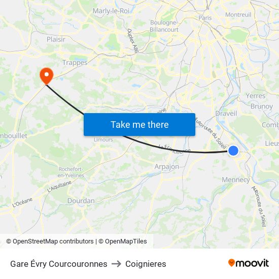 Gare Évry Courcouronnes to Coignieres map
