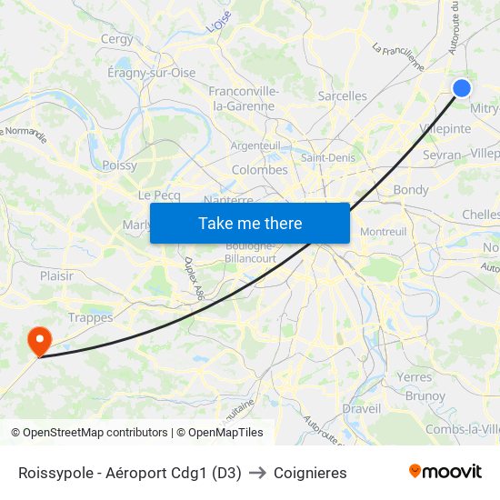 Roissypole - Aéroport Cdg1 (D3) to Coignieres map