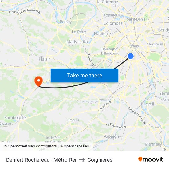 Denfert-Rochereau - Métro-Rer to Coignieres map