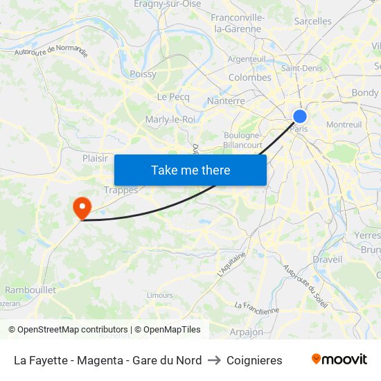 La Fayette - Magenta - Gare du Nord to Coignieres map