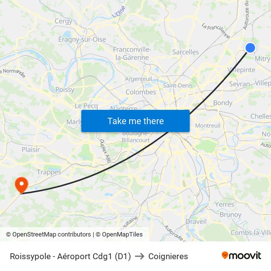 Roissypole - Aéroport Cdg1 (D1) to Coignieres map