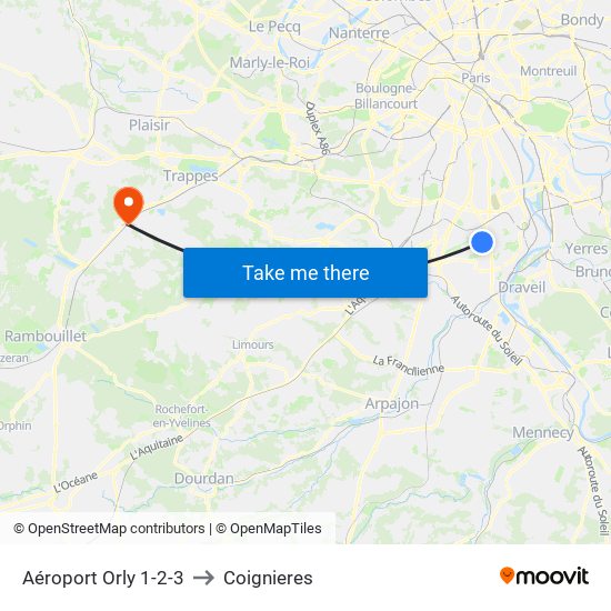 Aéroport Orly 1-2-3 to Coignieres map
