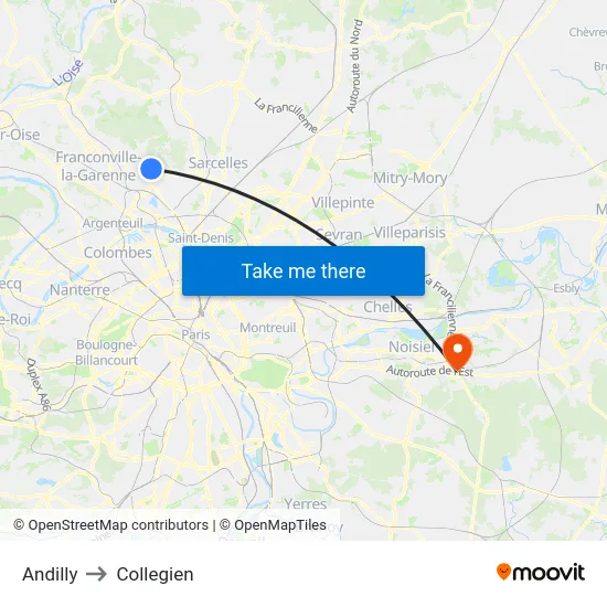 Andilly to Collegien map