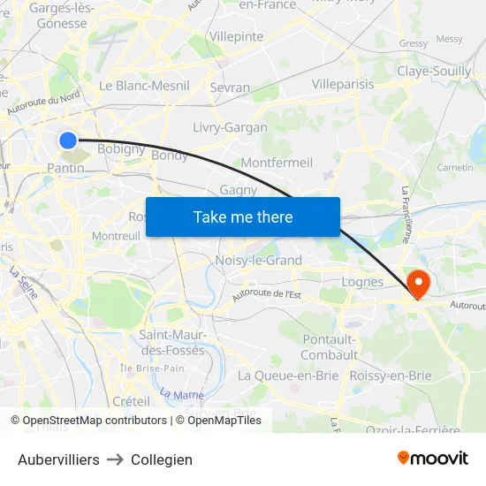 Aubervilliers to Collegien map