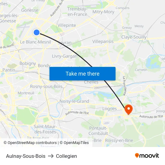 Aulnay-Sous-Bois to Collegien map