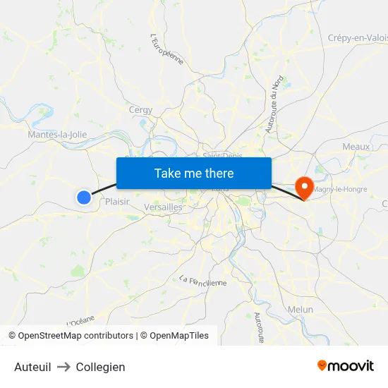 Auteuil to Collegien map