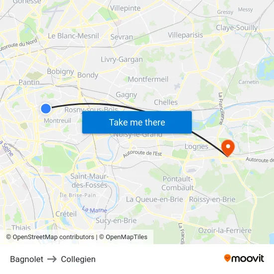 Bagnolet to Collegien map