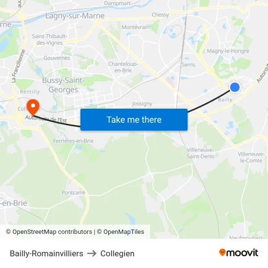 Bailly-Romainvilliers to Collegien map