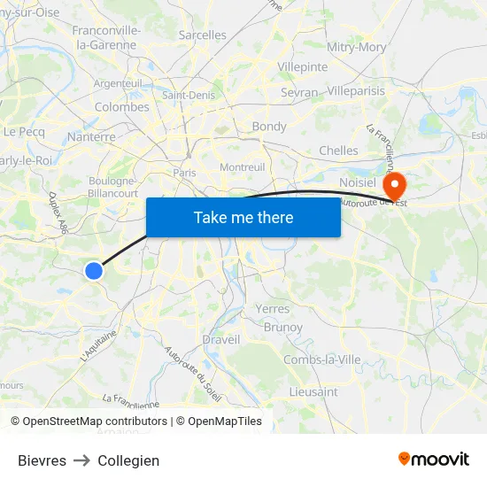 Bievres to Collegien map
