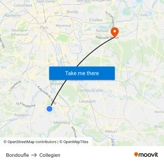 Bondoufle to Collegien map