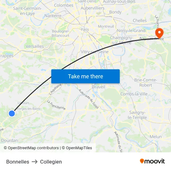 Bonnelles to Collegien map