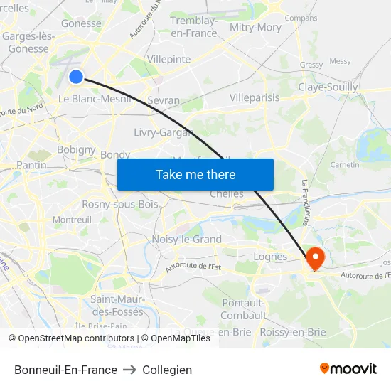 Bonneuil-En-France to Collegien map