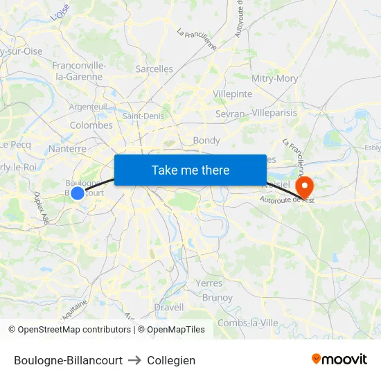 Boulogne-Billancourt to Collegien map