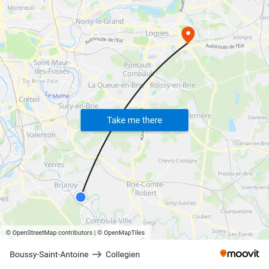 Boussy-Saint-Antoine to Collegien map