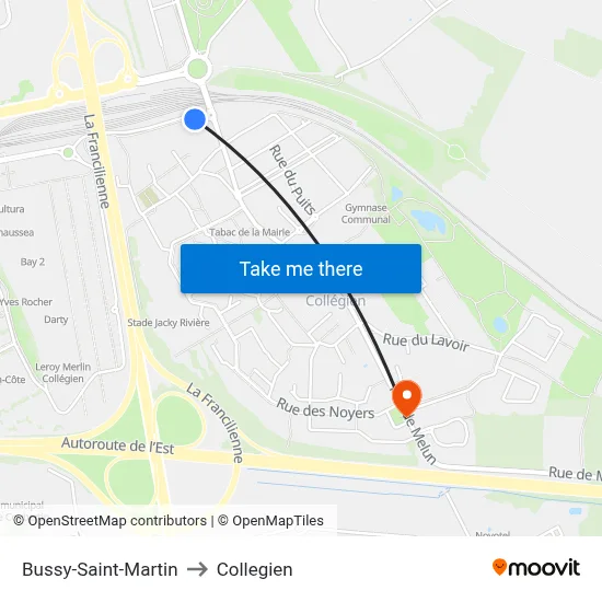 Bussy-Saint-Martin to Collegien map